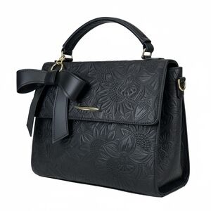 Bow Sunflower Embossed Tooled Artisan LEATHER Crossbody Bag Purse - BLACK